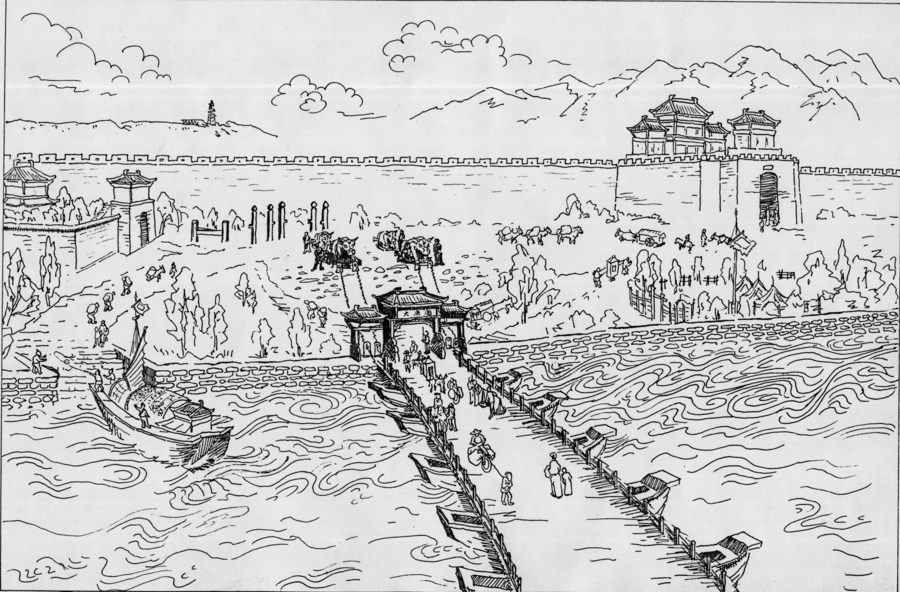 这座如同水上苍龙的浮桥正是蒲津渡浮桥.